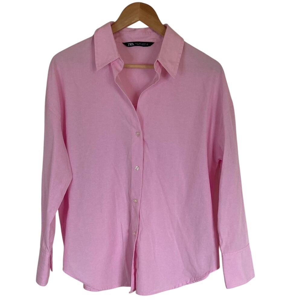 Zara Womens Pink Long Sleeve Button Up Shirt Size Large Classic Preppy Academia